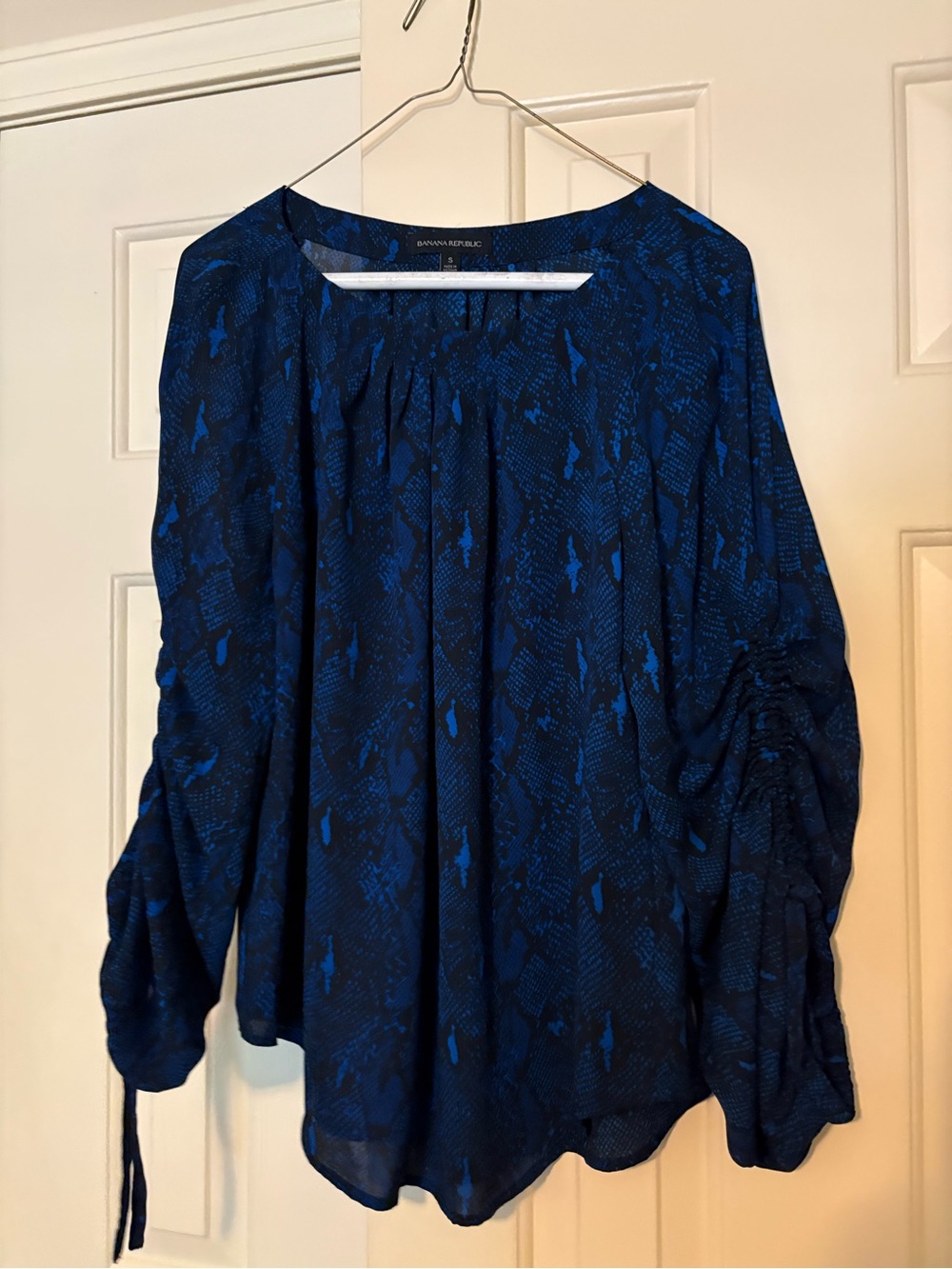 Banana Republic Navy and Cobalt Blue Printed Long-Sleeve Peasant Top